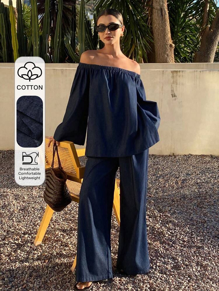 Women's Casual Off-Shoulder Top And Wide-Leg Jeans Set, Spring/Summer