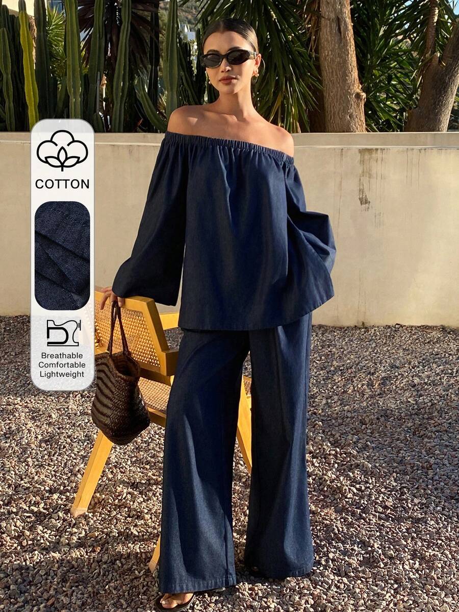 DAZY Women's Casual Off-Shoulder Top And Wide-Leg Jeans Set, Spring/Summer - Blue - View 1