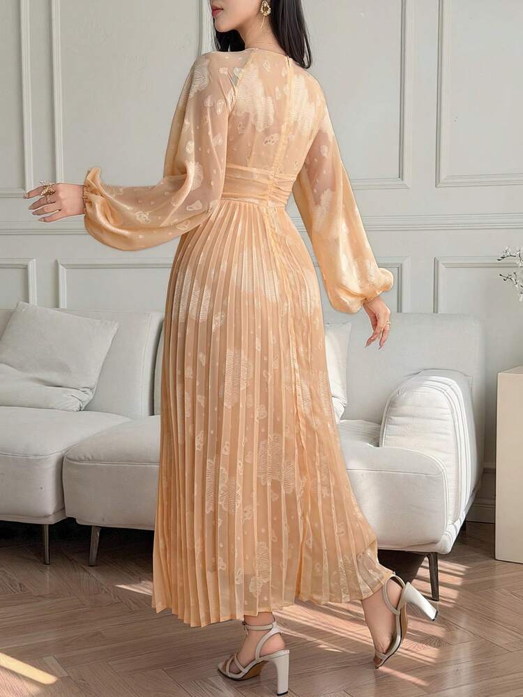 Floral Jacquard Pleated Fabric Fitted Waist Oblique Collar V-Neck Long Sleeve Elegant Resort Party Dress For Women, Spring/Autumn Sundress