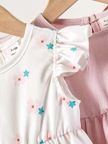 3件套女婴夏季休闲度假日常通勤纯色及印花荷叶边袖口腰部系带连衣裙套装 - 粉色 - 查看 3