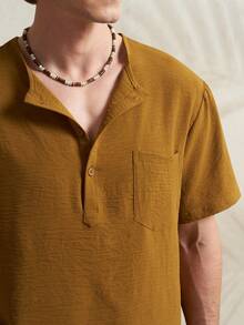 Airaco 男士纯色短袖衬衫和斜插口袋短裤夏季套装 - 卡其色 - 查看 3