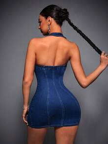 SHEIN PETITE Vestido de mezclilla sin mangas, ajustado, con escote halter y espalda descubierta, de unicolor y con cremallera - Azul - Ver 3
