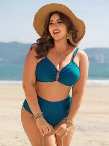 Swim Lushoire Plus Size Women's Simple Solid Color Ruched Bikini Set, Sexy Beach Vacation Style - Green - View 5
