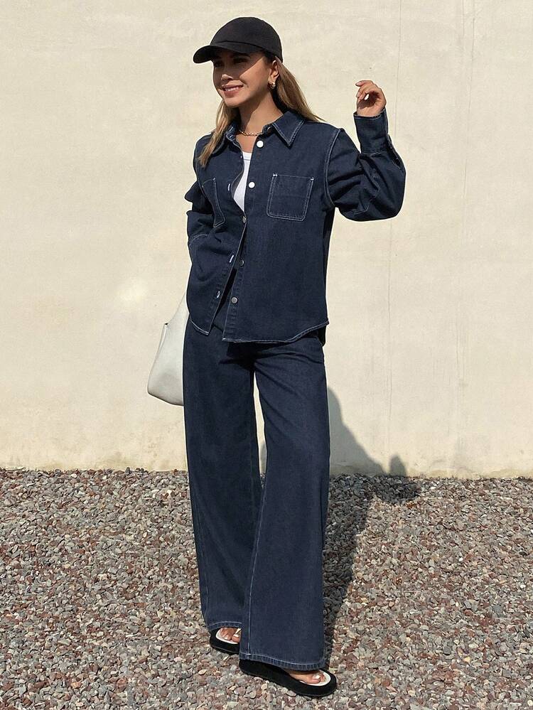 Women's Lapel Loose Open Front Stitching Decor Shirt And Loose Straight Leg Washed Denim Casual Pant Set