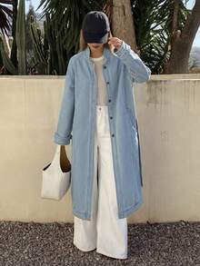 DAZY 女士立领长款系带休闲牛仔夹克外套 - 淺色水洗藍 - 查看 2