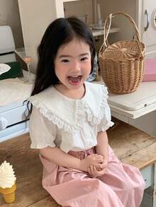 DAZY Toddler Girls' Korean Style Ruffle Trim Casual Puff Sleeve Solid Color Blouse - White - View 6