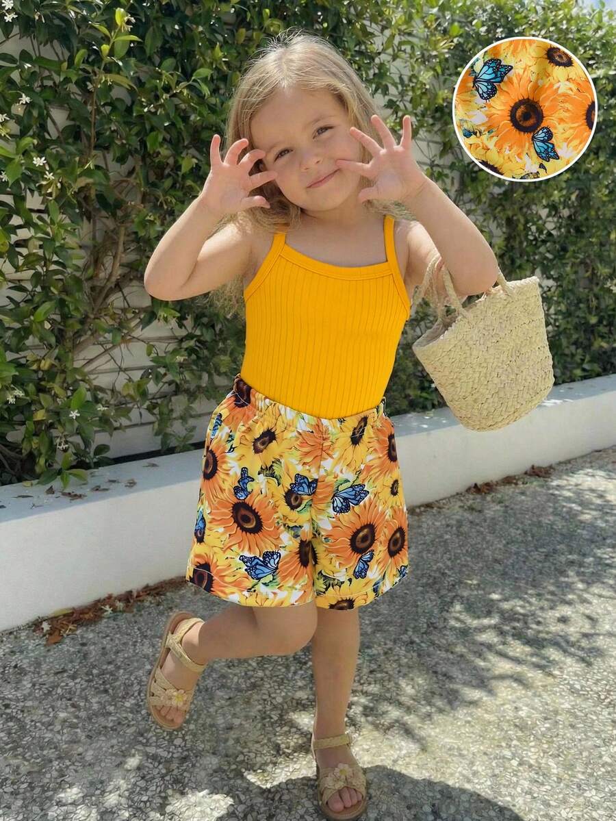 SHEIN 少女 2 件/套 羅紋短版吊帶背心 & 向日葵印花短褲