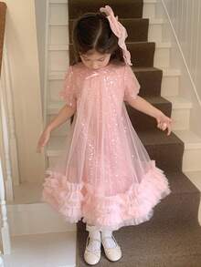 Dazy Kids Girls (Small) Summer New Children Sequin Puff Sleeve Mesh Princess Dress, Party Dress - Pink - View 5