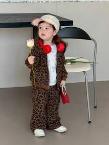 DAZY 2 st set med leopardmönster, tröja och lösa byxor för babyflickor, vår/höst - Brun - Visa 1