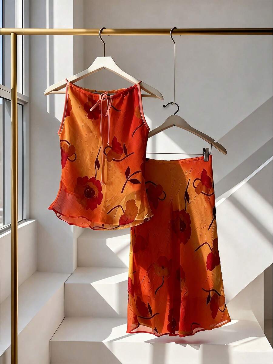 Franclia 女士休闲印花上衣和半裙两件套，夏季 - 彩色 - 查看 1