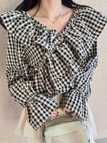 FRIFUL 女士格子棉质多层领荷叶边袖口宽松休闲百搭衬衫 - 黑色 - 查看 3