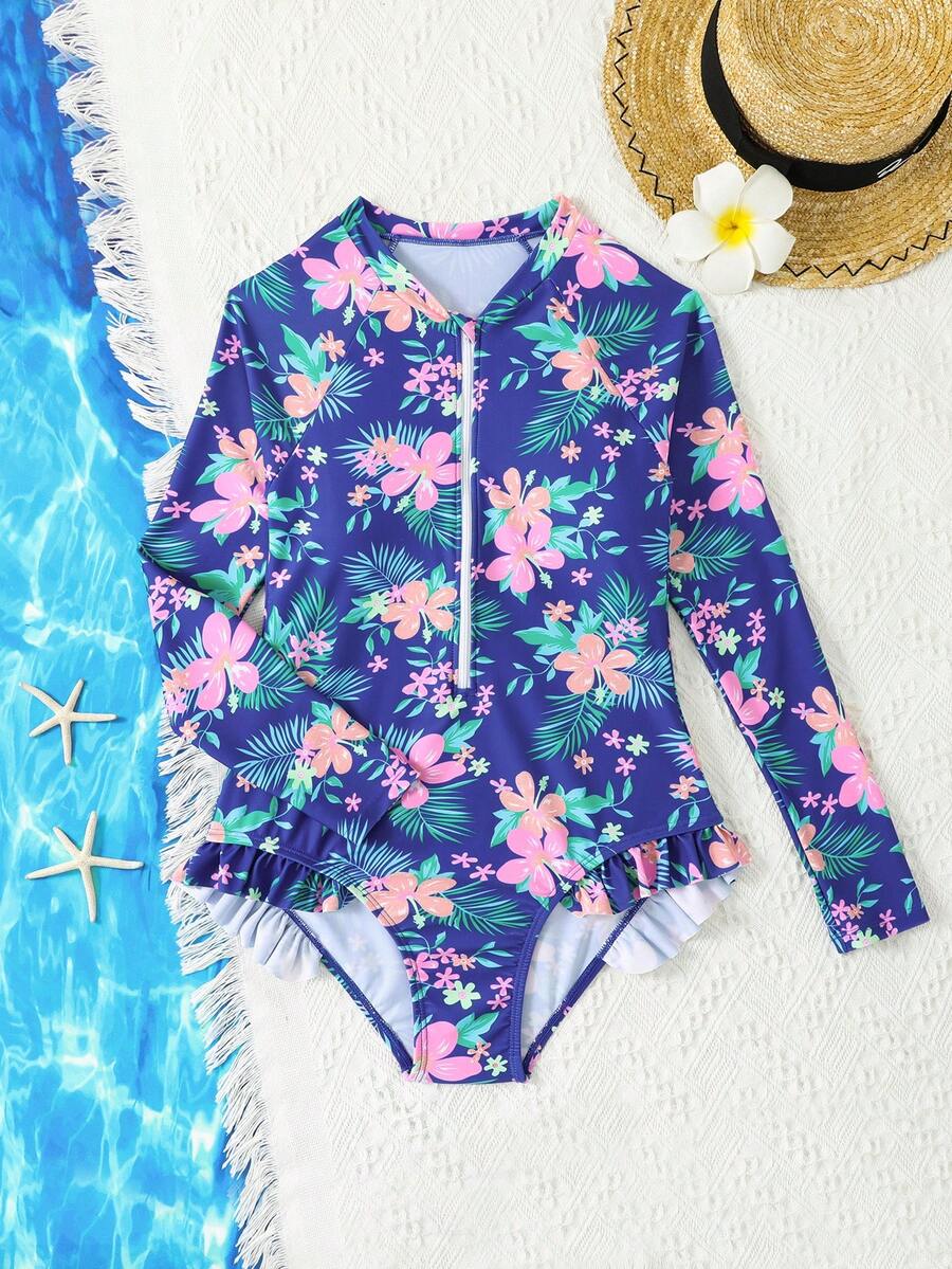 2025 New Tween Girls One-Piece Swimsuit, Casual Leaf Print, Fashionable & Cute, Elegant & Refined, Suitable For Swimming & Vacation In Summer - Multicolor - View 1
