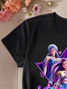 少女黑色圆领短袖印花T恤，休闲舒适时尚简约百搭卡通、创意、趣味、名人、动漫、韩流风格字母印花图案T恤 - 黑色 - 查看 4