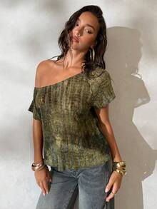 Aloruh 女士春夏新款上衣，Y2K性感透视宽松T恤，植绒印花，斜肩设计，适合夏季穿着。夏季服装，夏季穿搭，夏季度假装，夏季上衣，女士夏季上衣，单肩上衣，单袖上衣，休闲上衣，夏季波西米亚风女装上衣，单肩上衣，单侧上衣，夏季女士上衣 - 綠色 - 查看 4
