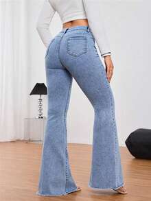 Vaqueros acampanados elegantes para mujer, largos, muy elásticos, con detalles lavados y bolsillos. - Gris - Ver 2