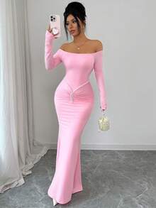 Rafferiza Vestido elegante con hombros descubiertos, vestido rosa, vestido para el Día de San Valentín, vestido con diseño de strass para una cita - Rosa - Ver 4