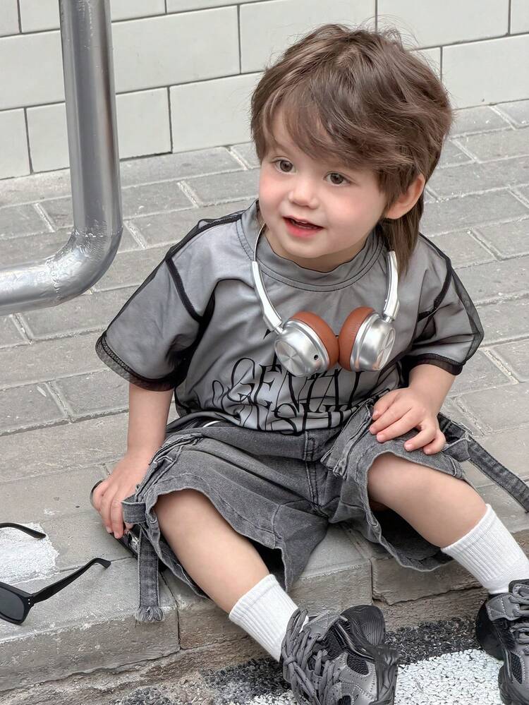 Baby Boy Letter Print Round Neck Mesh Patchwork Short Sleeve Top