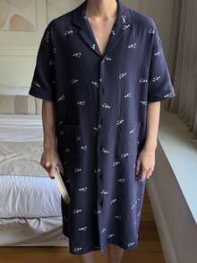 DAZY Men's Long Floral Print Robe, Spring/Summer - Blue - View 4