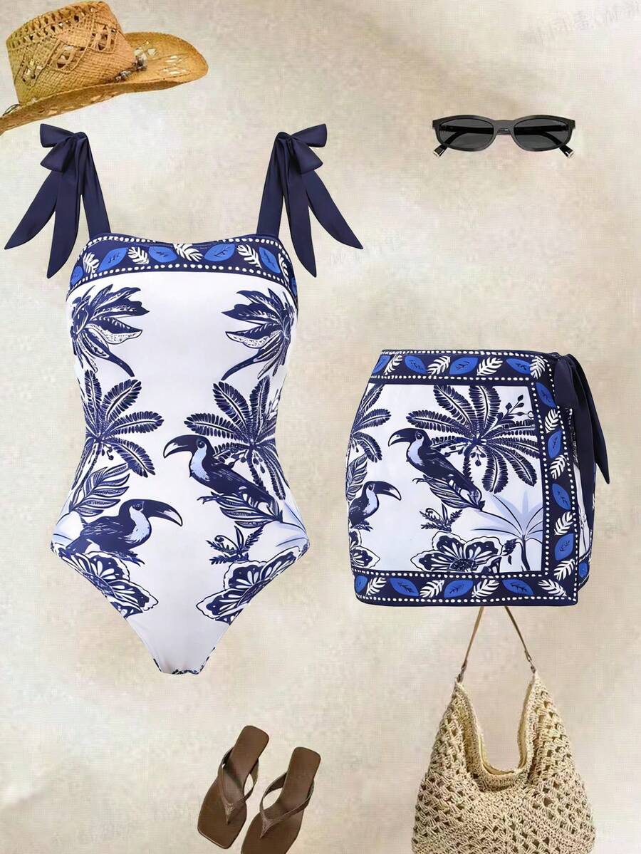 Swim Oasis 大码女式时尚连体泳衣,印花裙摆,可调节肩带,修身设计,休闲度假套装 - 藍色 - 查看 1