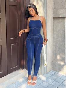 SHEIN PETITE Women's Fashionable Backless Tie-Up Skinny Denim Jumpsuit, Summer - Blue - View 7