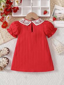 女婴甜美蕾丝领装饰短袖A字连衣裙，适合外出、休闲穿着和派对，夏季 - 紅色 - 查看 2