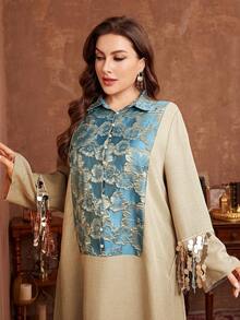 Al Najma Robe ample pour femmes grandes tailles, couleur unie, patchwork floral, manches longues, poignets ornés de perles, style décontracté, printemps/automne - Multicolore - Voir 6