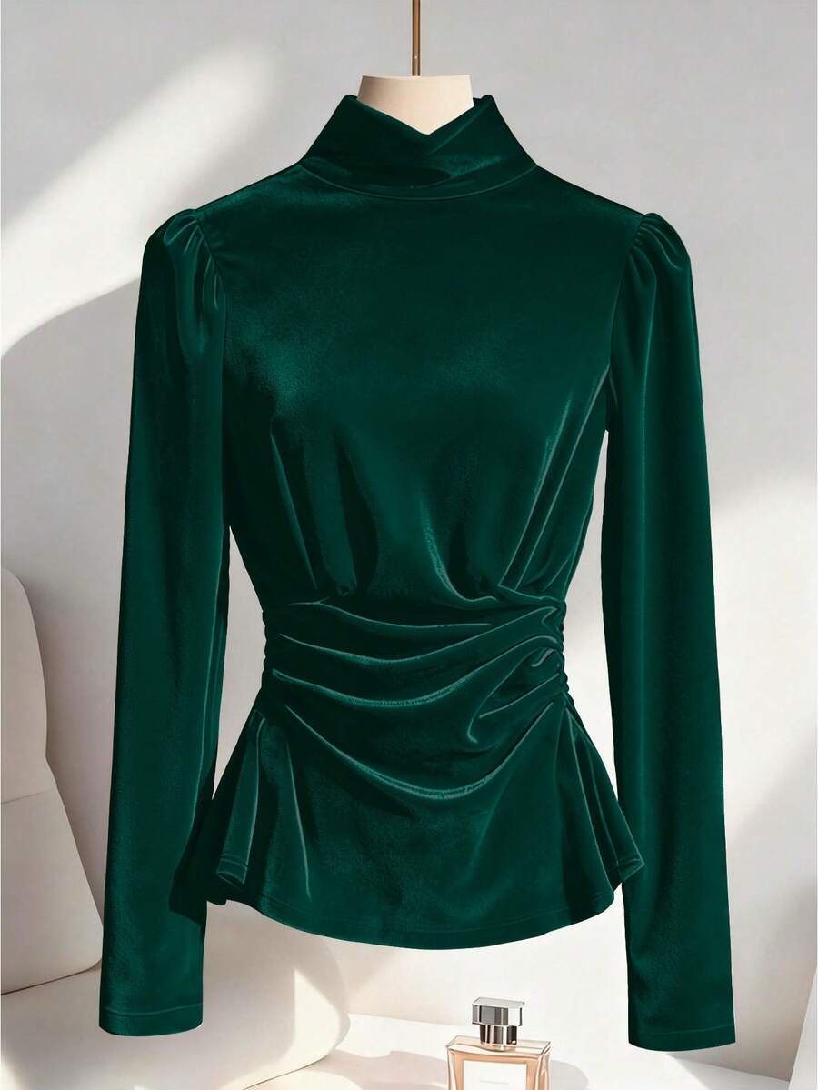 SHEIN Clasi Plus Size Women's Solid Color High Neck Bubble Sleeve Ruched Waist Elegant T-Shirt - Dark Green - View 1