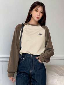 DAZY 字母拼色插肩袖 T 恤，秋季服装长袖女式上衣 - 棕色 - 查看 3