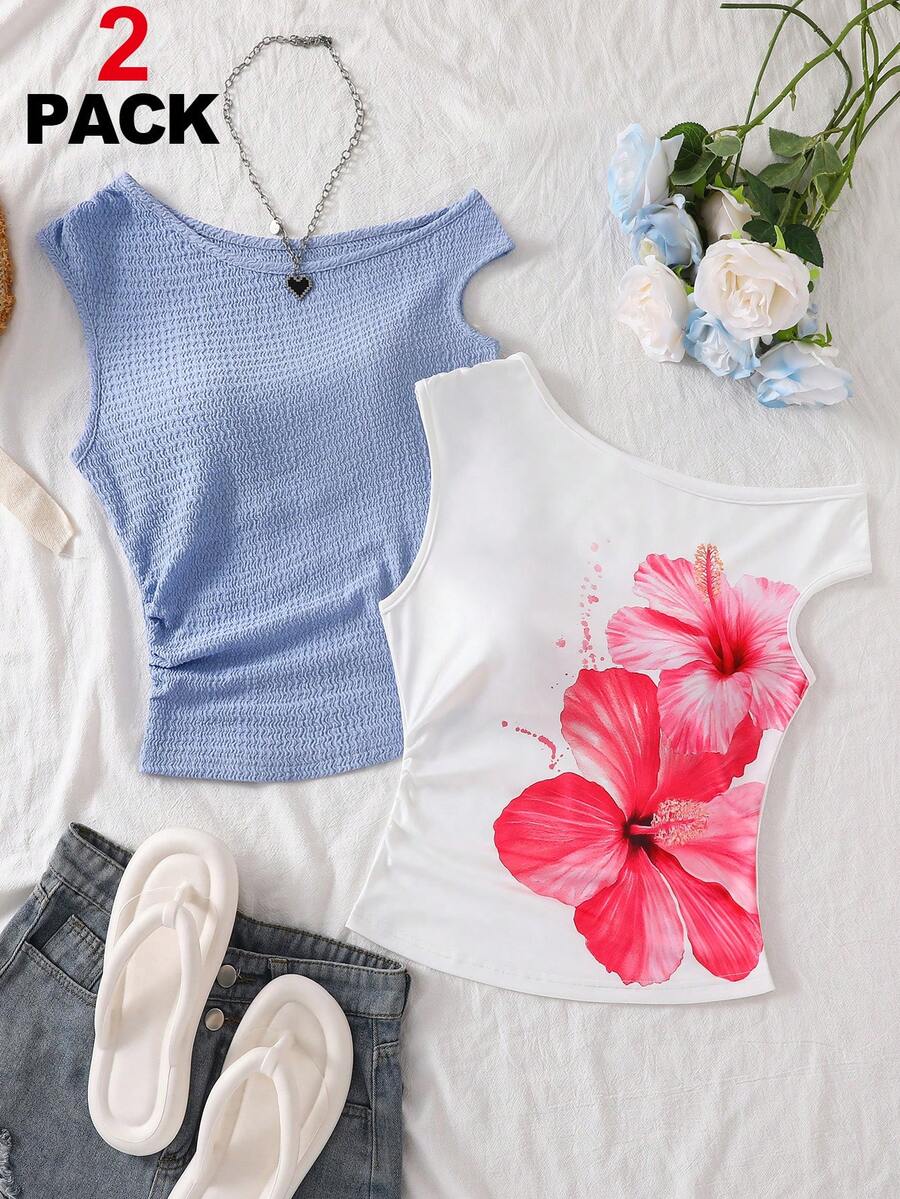 Sparklyn 2pcs/Set Teen Girl Casual Ruched Off-Shoulder Versatile Daily T-Shirts - Multicolor - View 1