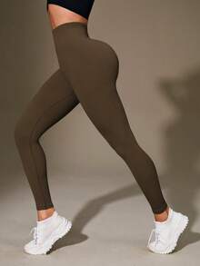SHEIN Sports 女式高腰罗纹无缝修身打底裤 - 云朵柔软 第二层肌肤柔软度 速干透气 四向弹力打底裤 适合跑步 骑行 瑜伽 泡菜球 运动 休闲装，黑色 - 棕色 - 查看 9