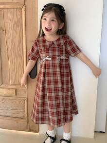 Dazy Kids 少女彼得潘领格子蝴蝶结装饰复古法式度假连衣裙 - 紅色 - 查看 6