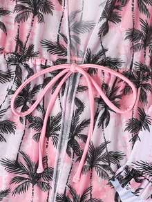 Young Girl Palm Tree Print Swimsuit Set With Kimono Cover-Up - Pink - View 5