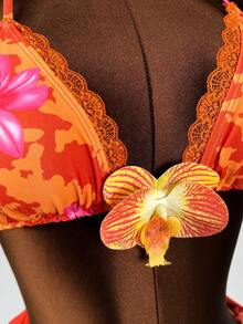 Zestiva Conjunto de bikini de 3 piezas con estampado floral naranja sexy, recorte de encaje 3D para playa/piscina en verano - Naranja - Ver 5