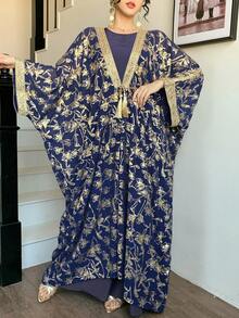 DAZY Women's Regular Jacket With Metallic Gold, Flared Sleeves, Fringes, 3/4 Sleeve Robe Dress - Royal Blue - View 3