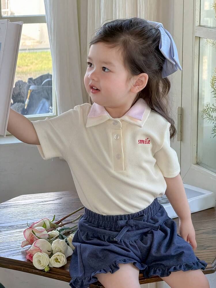 Baby Girls' Collared Contrast Color Korean Style Casual Short Sleeve Embroidered Top Summer