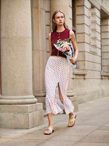 SHEIN Raffinéa Women's Retro Red & White Polka Dot Slit Skirt, High Waist Slimming Mermaid Hem Skirt, Flowy Elegant Office & Vacation Versatile Long Skirt