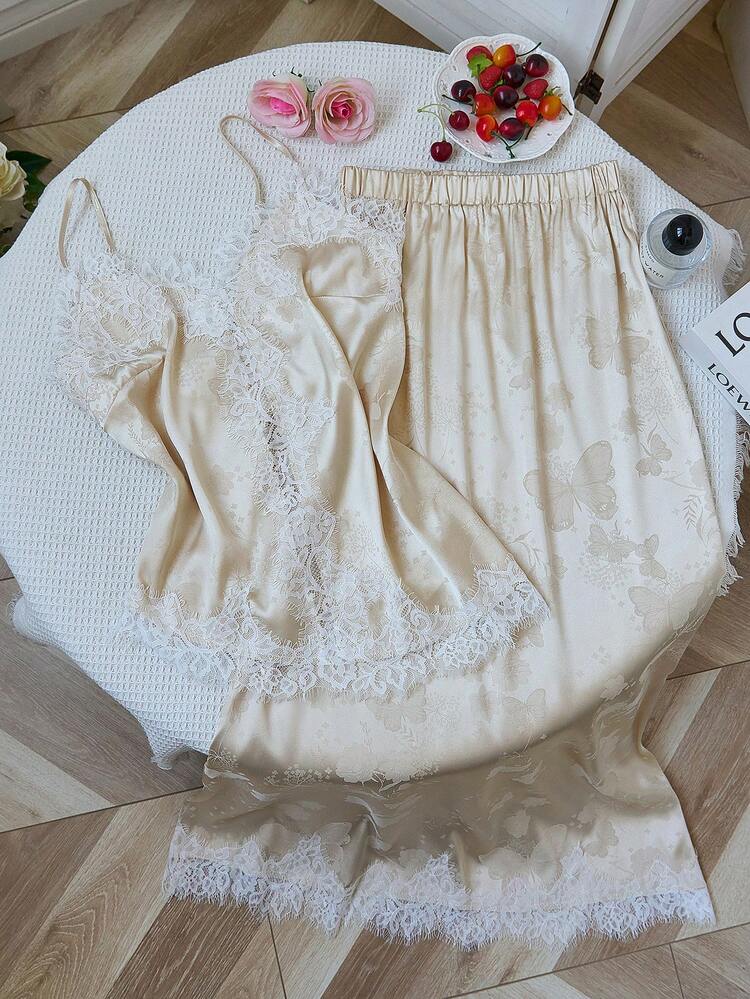 SHEIN SunnyBelle Elegant French Style Jacquard Print Bright Yellow Camisole Paired With Graceful Lace Patchwork Midi Skirt, Women 2-Piece Set - Yellow - View 2