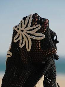 Swim Lushoire 加大码黑色单件针织椰子树装饰带流苏下摆女士泳裤短裤，春夏款 - 黑色 - 查看 8