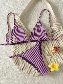 Swim Mod Bộ bikini hai mảnh dành cho nữ, họa tiết kẻ sọc và chấm bi, kiểu dáng thường ngày. - Màu tím - Xem 4