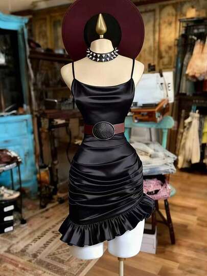 Franclia Vestido asimétrico con tirantes finos, fruncido y ajustado para mujeres