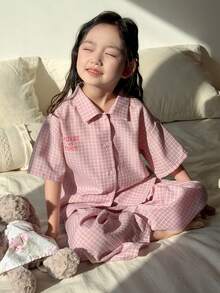 DAZY Young Girl Comfortable Plaid & Letter Print Short Sleeve Shirt And Pants Pajama Set, Summer - Pink - View 2