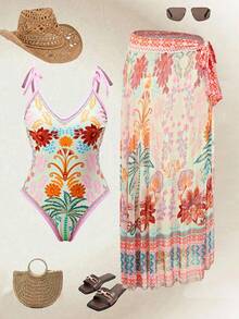 Swim Oasis 26SS 春夏度假沙滩棕榈树花卉图案印花连体泳衣配同款半身裙 - 彩色 - 查看 8