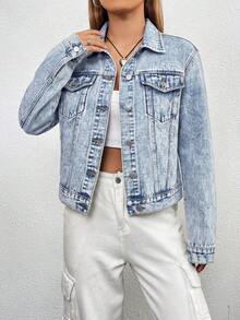 SHEIN ICON 女士休闲日常水洗前扣牛仔夹克 - 淺色水洗藍 - 查看 6