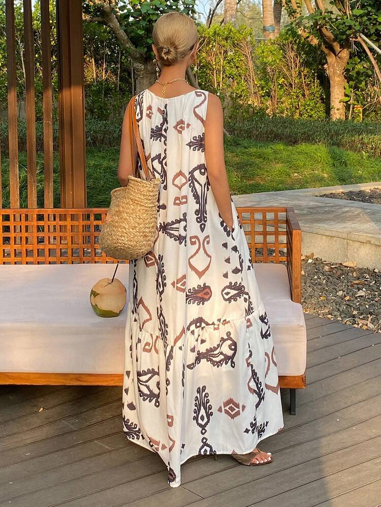 Floral Print Casual Vacation Round Neck Sleeveless Pleated Hem Dress For Women, Spring/Summer Dress Sundress Boho