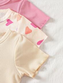 Playful Pals 3套女婴可爱休闲粉色爱心字母“我爱妈妈”印花罗纹针织荷叶边短袖圆领T恤上衣和长裤打底裤，柔软弹力两件套服装，适合情人节、日常居家穿着，春夏皆宜。 - 粉色 - 查看 6