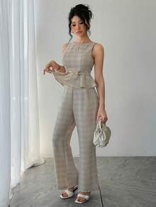 DAZY Women's Casual Commuter Striped Ruffle Hem Top And Pants Set, Summer - Apricot - View 6