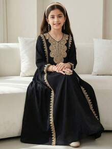 优雅中东传统金色蕾丝边宽松长袖连衣裙，适合少女穿着，可用于节日、派对、送礼，春夏秋季皆宜。 - 黑色 - 查看 1