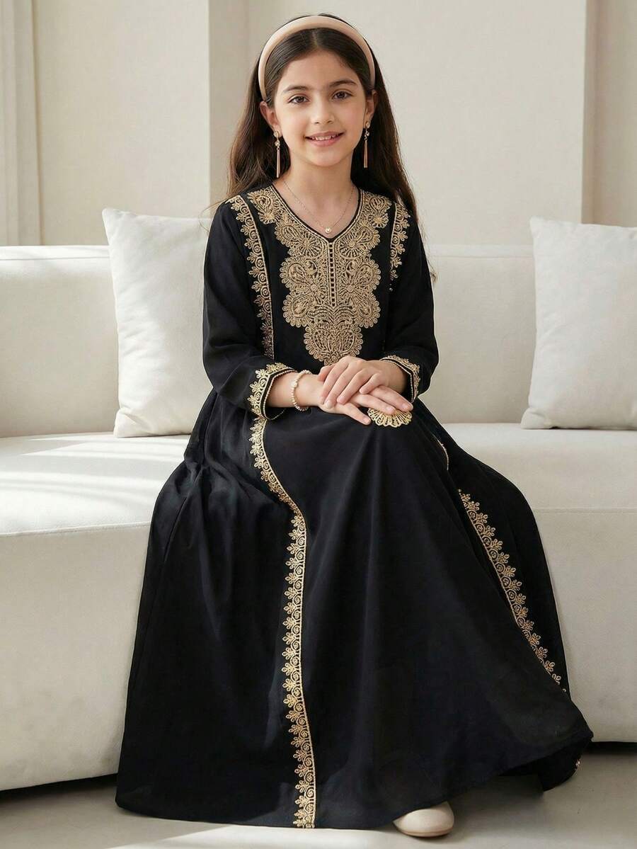 优雅中东传统金色蕾丝边宽松长袖连衣裙，适合少女穿着，可用于节日、派对、送礼，春夏秋季皆宜。 - 黑色 - 查看 1