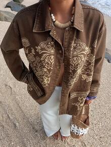 DAZY Women's Lapel Loose Bohemian Floral Pattern Urban Casual Denim Jacket And Coat - Brown - View 6