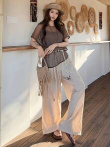 DAZY 女士亮片圆领半透明韩版上衣和休闲宽松裤两件套，少女风 - 卡其色 - 查看 4